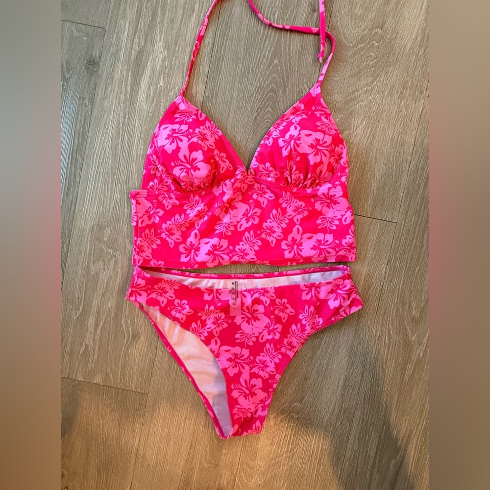Bright Pink Floral Two-Piece Bikini Set